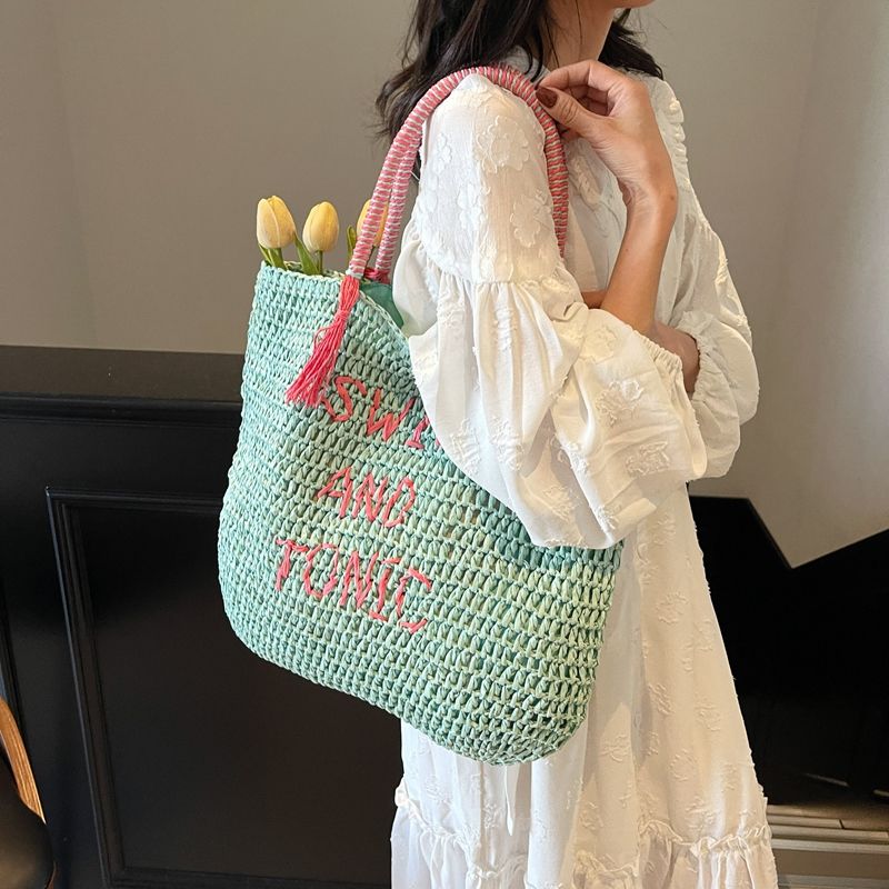 Large Capacity Straw Tote Bag, Woven Beach Shoulder Bag for Summer Vacation