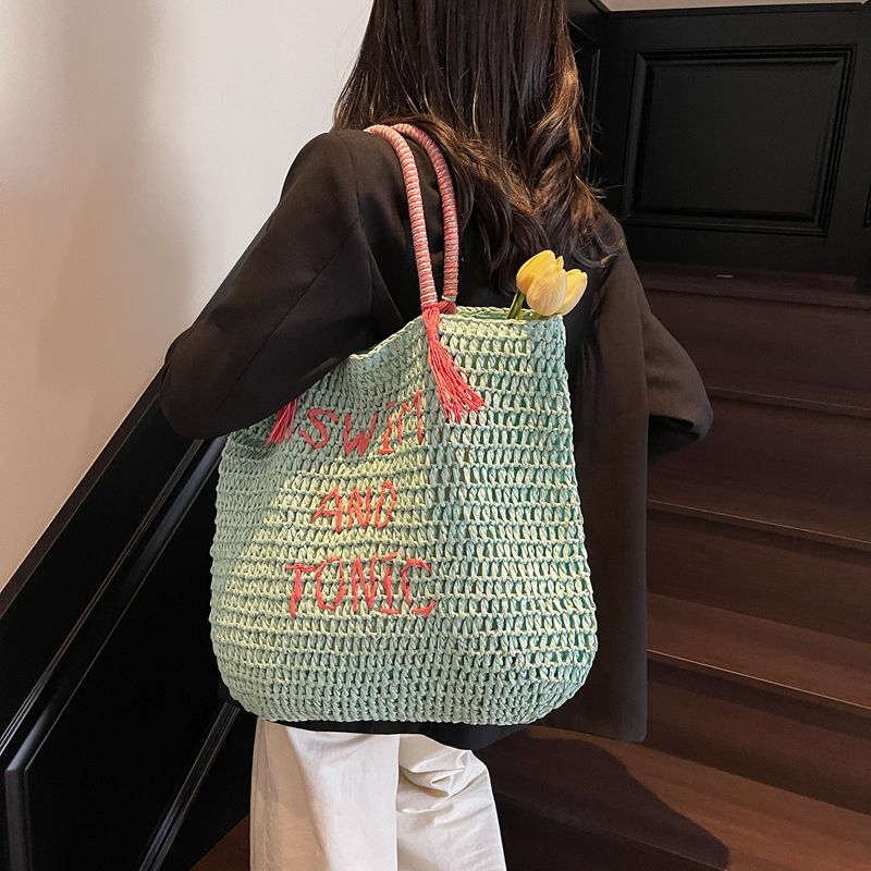Large Capacity Straw Tote Bag, Woven Beach Shoulder Bag for Summer Vacation