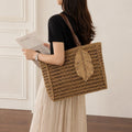 Hollow Woven Paper Rope Tote Bag, Large Summer Beach Shoulder Bag with Leaf Pendant
