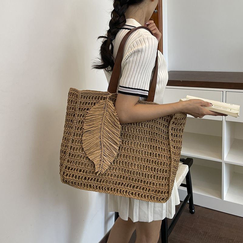 Hollow Woven Paper Rope Tote Bag, Large Summer Beach Shoulder Bag with Leaf Pendant