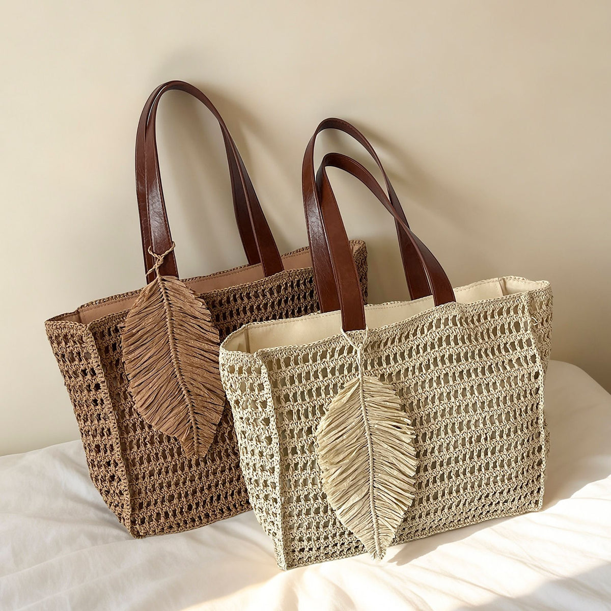 Hollow Woven Paper Rope Tote Bag, Large Summer Beach Shoulder Bag with Leaf Pendant