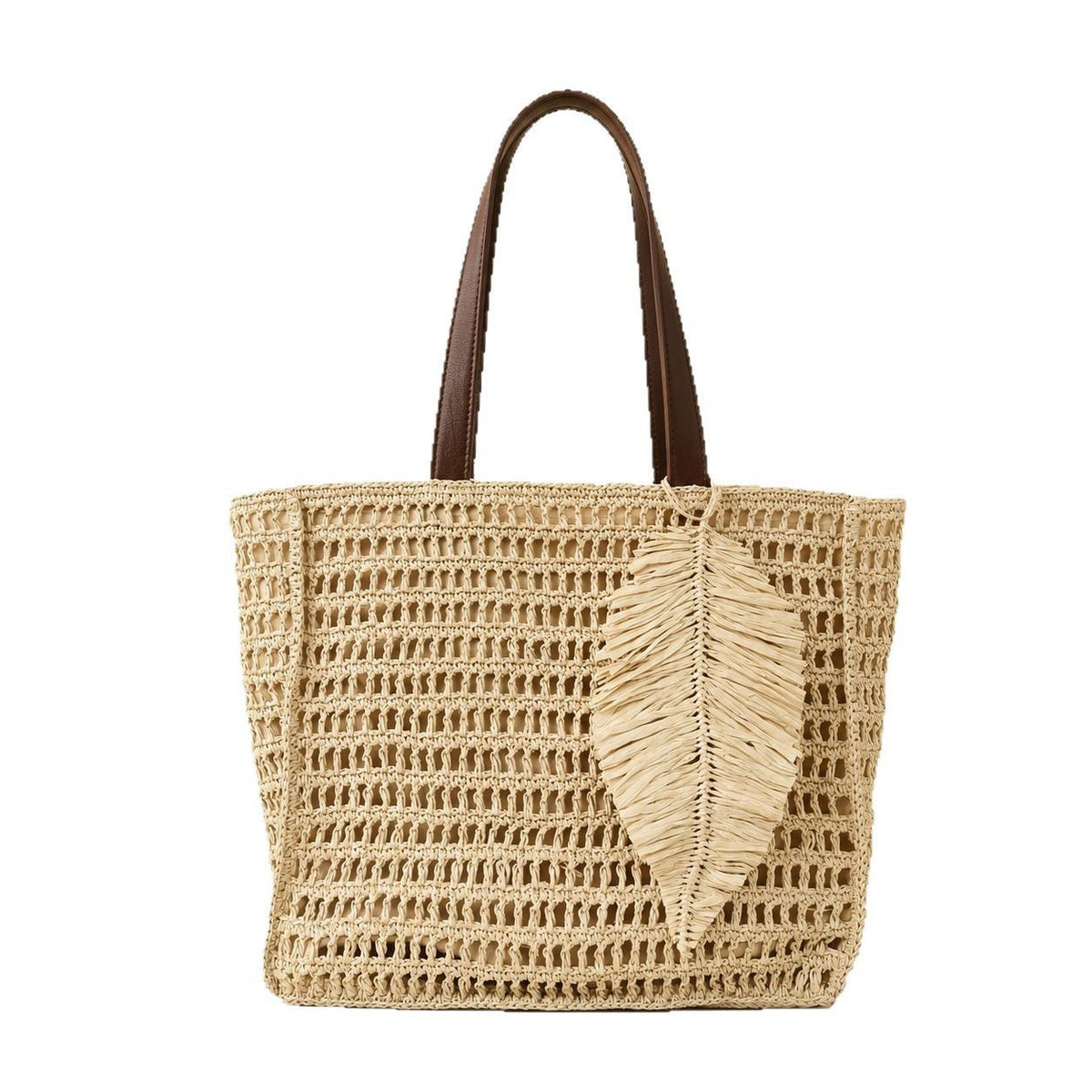 Hollow Woven Paper Rope Tote Bag, Large Summer Beach Shoulder Bag with Leaf Pendant