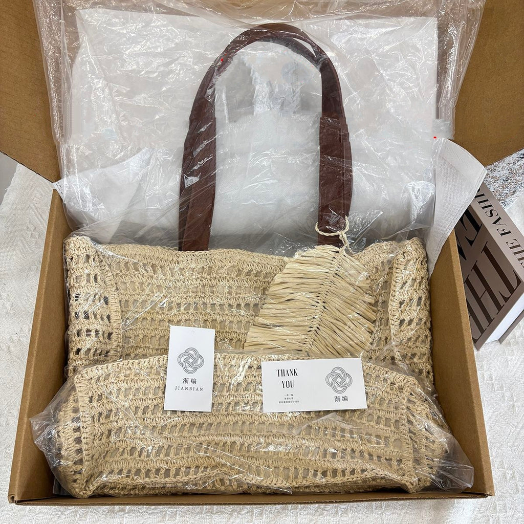 Hollow Woven Paper Rope Tote Bag, Large Summer Beach Shoulder Bag with Leaf Pendant