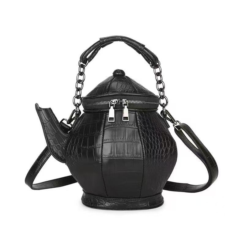 Teapot Shaped Novelty Crossbody Bag, Croc Embossed PVC 3D Fun Handbag with Chain Handle