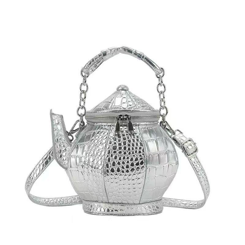 Teapot Shaped Novelty Crossbody Bag, Croc Embossed PVC 3D Fun Handbag with Chain Handle