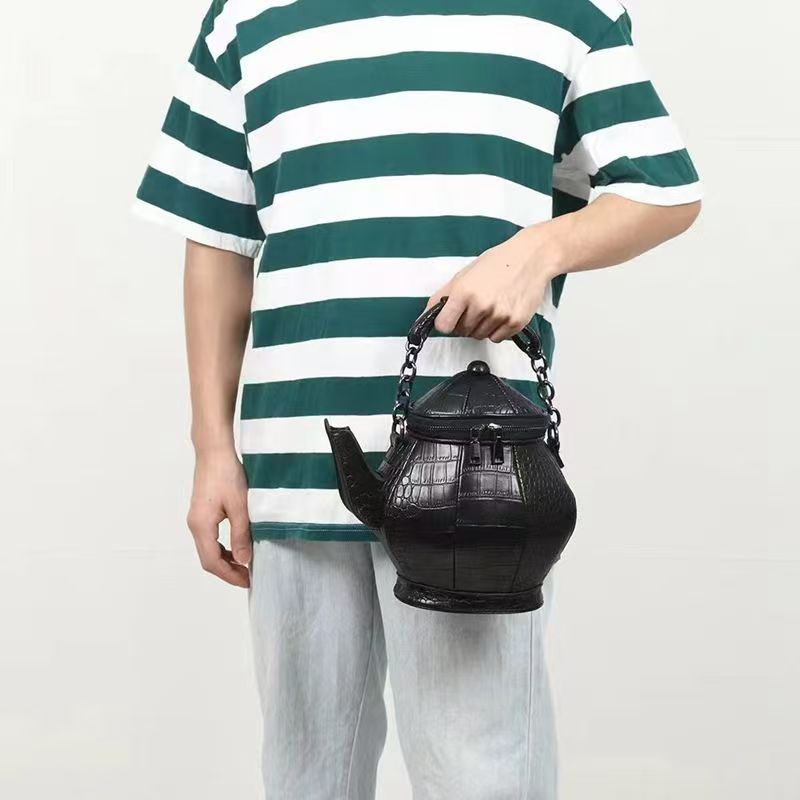 Teapot Shaped Novelty Crossbody Bag, Croc Embossed PVC 3D Fun Handbag with Chain Handle