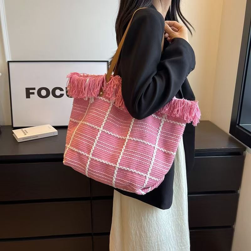 Large Capacity Fringe Tote Bag, Women Canvas Shoulder Handbag for Daily Commute