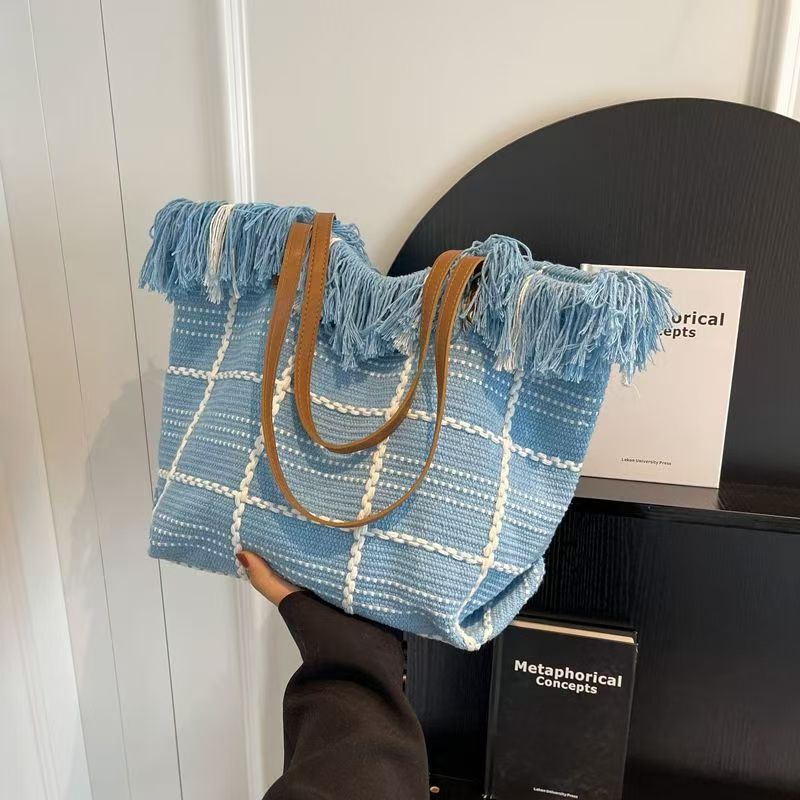 Large Capacity Fringe Tote Bag, Women Canvas Shoulder Handbag for Daily Commute