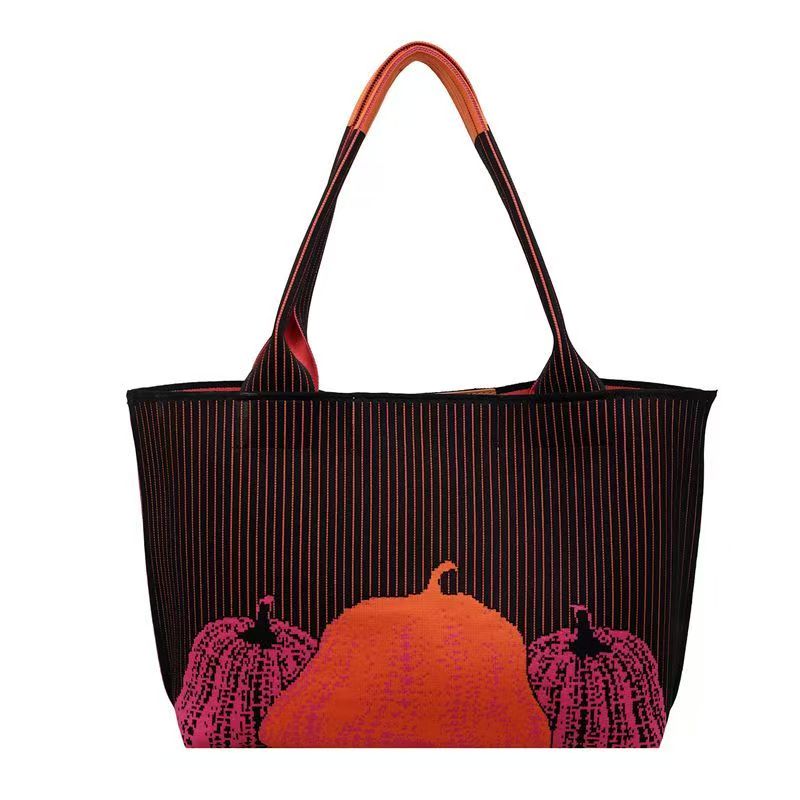 Striped Knit Tote Bag with Pumpkin Embroidery, Large Capacity Women Shoulder Bag