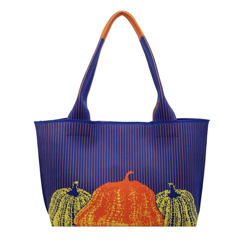 Striped Knit Tote Bag with Pumpkin Embroidery, Large Capacity Women Shoulder Bag