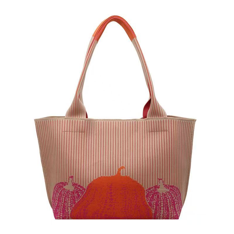 Striped Knit Tote Bag with Pumpkin Embroidery, Large Capacity Women Shoulder Bag