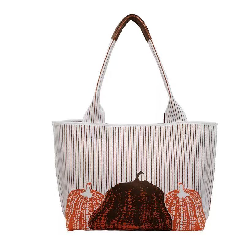 Striped Knit Tote Bag with Pumpkin Embroidery, Large Capacity Women Shoulder Bag