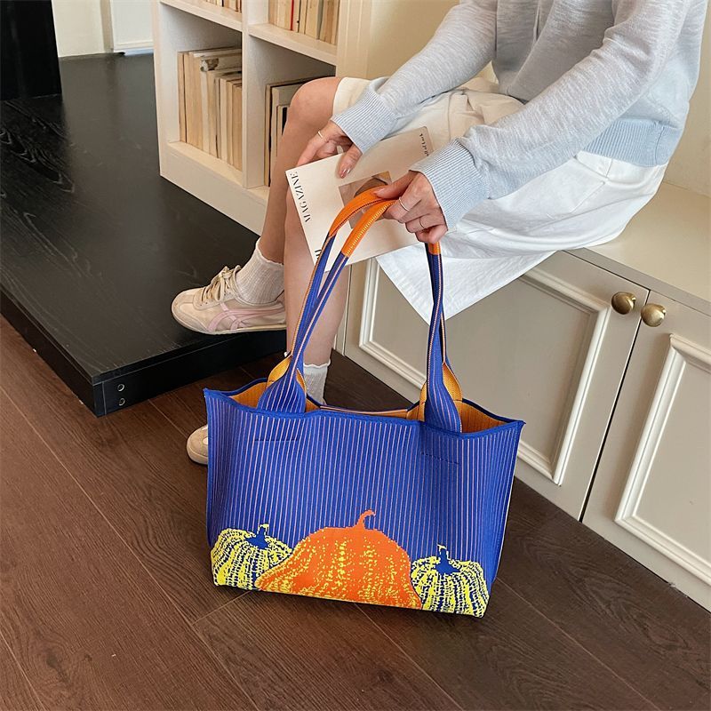 Striped Knit Tote Bag with Pumpkin Embroidery, Large Capacity Women Shoulder Bag