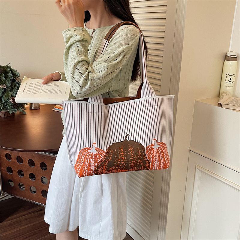 Striped Knit Tote Bag with Pumpkin Embroidery, Large Capacity Women Shoulder Bag