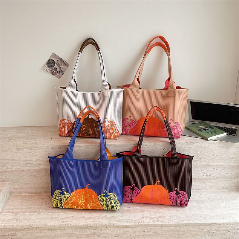 Striped Knit Tote Bag with Pumpkin Embroidery, Large Capacity Women Shoulder Bag