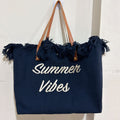 Summer Vibes Embroidered Fringe Tote Bag, Large Canvas Beach Shoulder Handbag