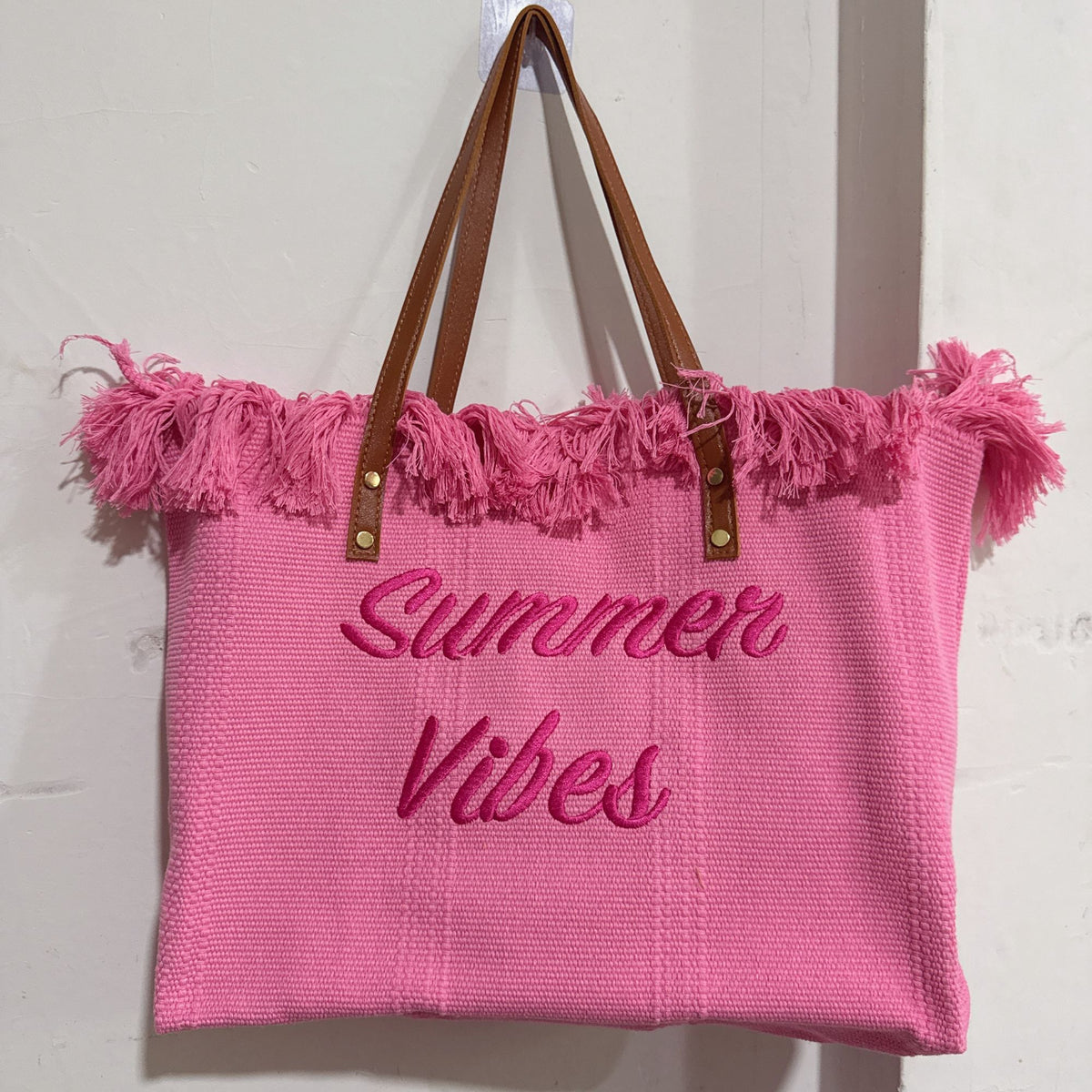 Summer Vibes Embroidered Fringe Tote Bag, Large Canvas Beach Shoulder Handbag