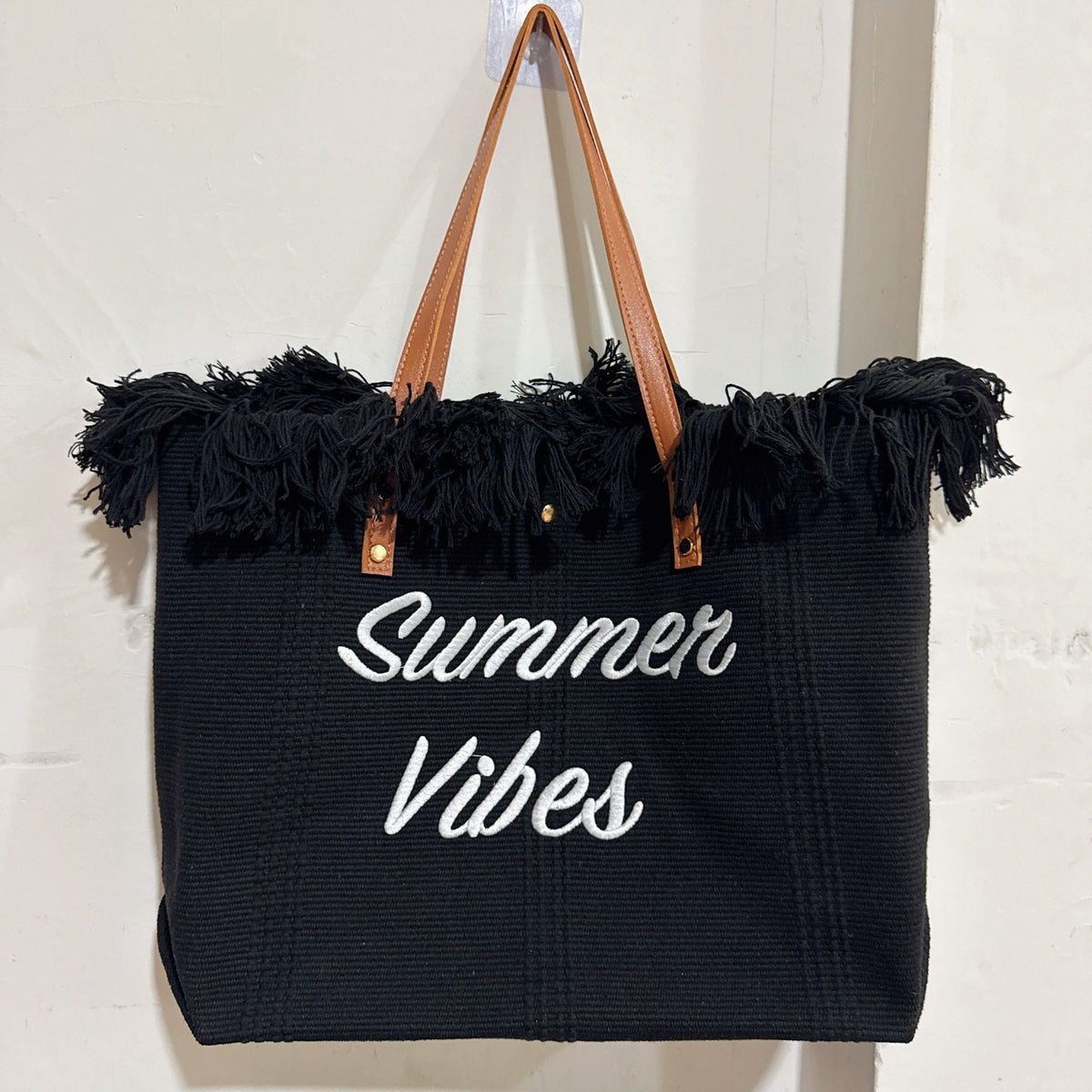Summer Vibes Embroidered Fringe Tote Bag, Large Canvas Beach Shoulder Handbag