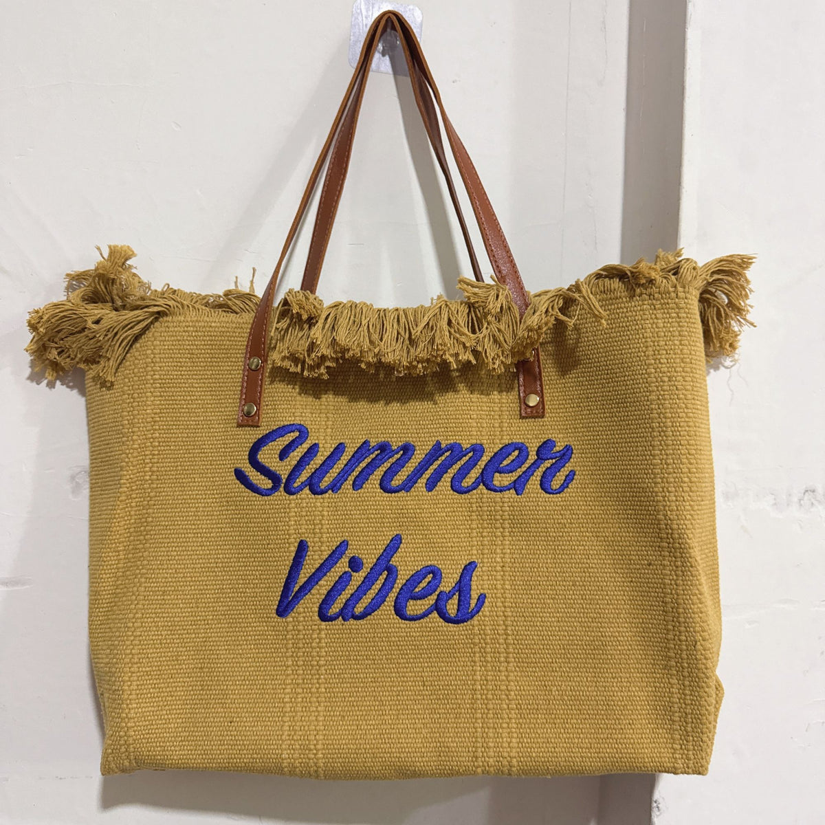 Summer Vibes Embroidered Fringe Tote Bag, Large Canvas Beach Shoulder Handbag