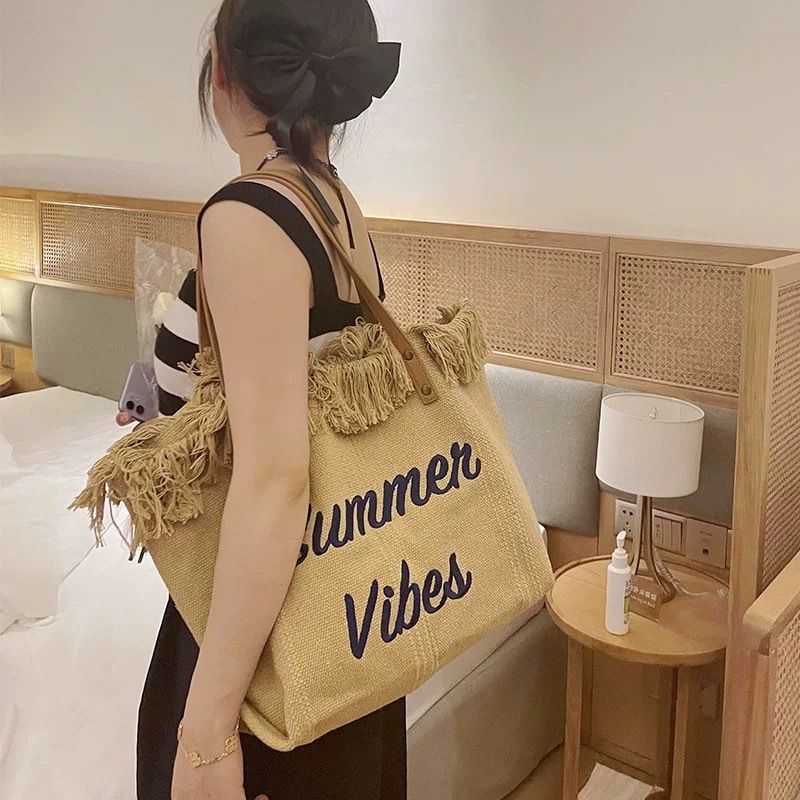 Summer Vibes Embroidered Fringe Tote Bag, Large Canvas Beach Shoulder Handbag